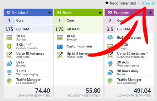 View all Plan link on Azure App Service Plan Pricing